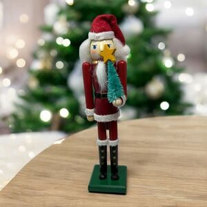 Santa Claus Nutcracker Figurine With Star & Tree Wooden Hand Made Hand Painted
